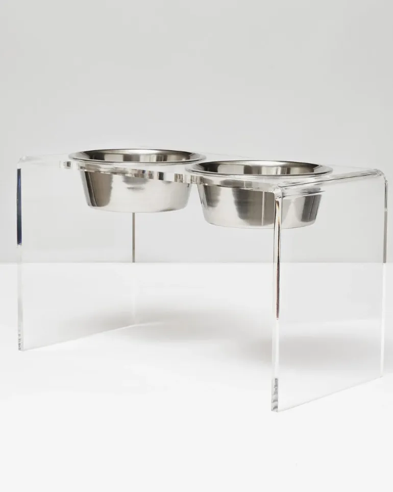 Clear Lucite Double Bowl Pet Feeder (Made in the USA) (Direct-Ship)