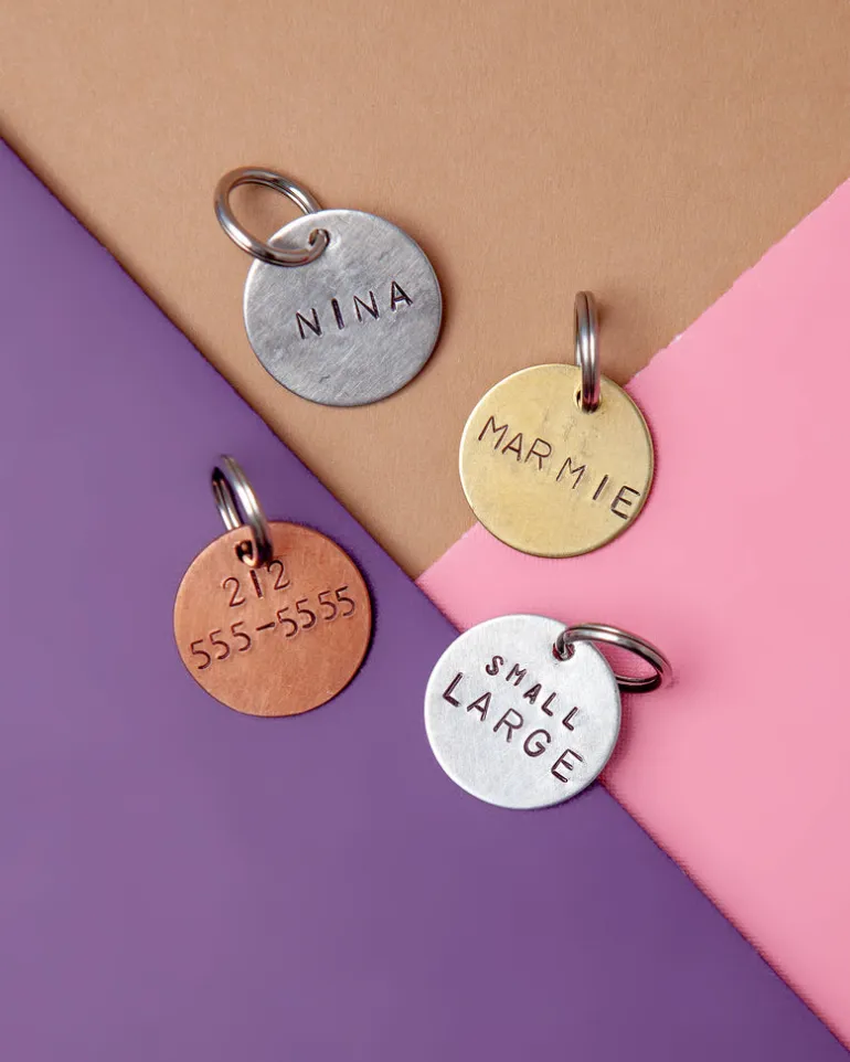 Custom-Stamped Round Pet Name Tag in Copper, Brass, or Aluminum (Custom/Drop-Ship)