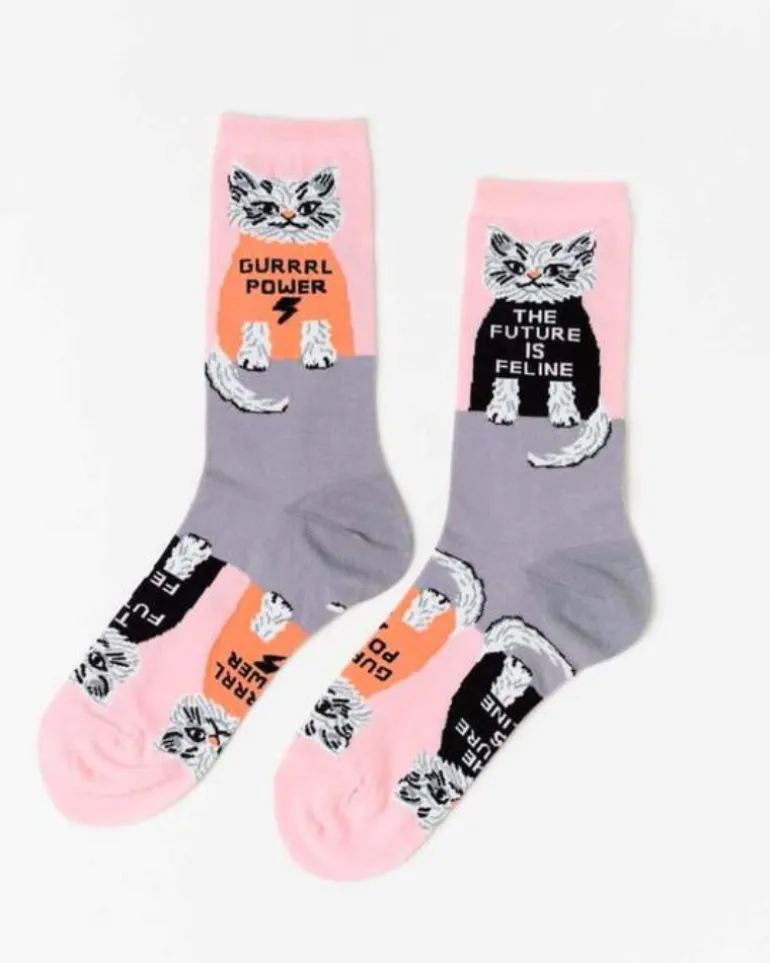 Future is Feline Cotton Kitty Crew Socks