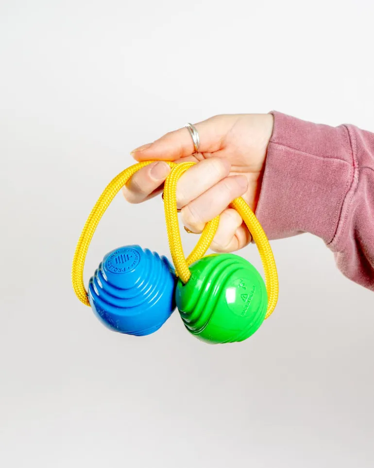 Looped Balls Tug & Fetch Rubber Dog Toys in Green & Blue (Made in the USA)