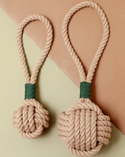 Monkey Fist Rope Dog Toy in Tan with Forest Green Whipping (Made in the USA)