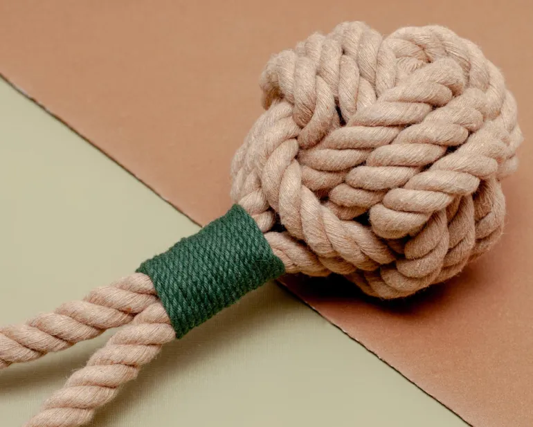 Monkey Fist Rope Dog Toy in Tan with Forest Green Whipping (Made in the USA)