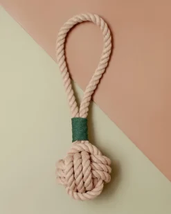 Monkey Fist Rope Dog Toy in Tan with Forest Green Whipping (Made in the USA)