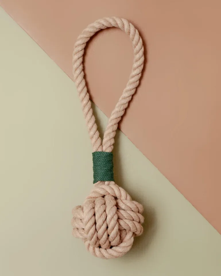 Monkey Fist Rope Dog Toy in Tan with Forest Green Whipping (Made in the USA)