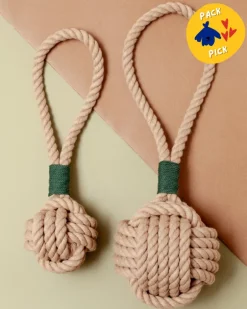 Monkey Fist Rope Dog Toy in Tan with Forest Green Whipping (Made in the USA)