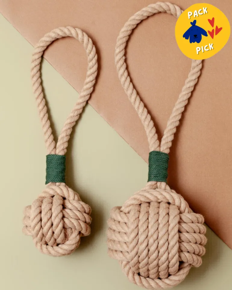 Monkey Fist Rope Dog Toy in Tan with Forest Green Whipping (Made in the USA)