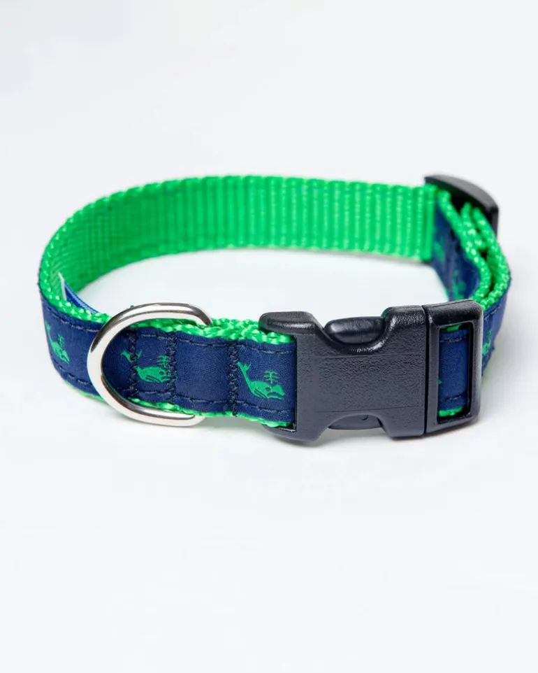 Navy + Green Whale Adjustable Dog Collar (Made in the USA)