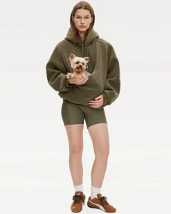 Unisex Fleece Hoodie with Built-In Kangaroo Pouch Dog Carrier in Olive