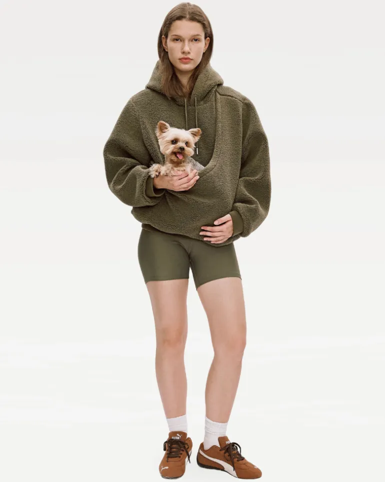 Unisex Fleece Hoodie with Built-In Kangaroo Pouch Dog Carrier in Olive